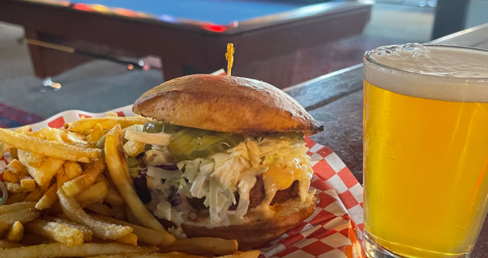 cheeseburger, fries, and beer